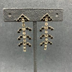 Dangle Pierced Earrings Silver Black Rhinestone Arrow Chevron Retro Bling Glam